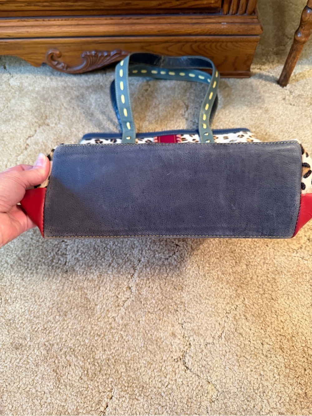 Leopard Print Tote Bag with Pink Accent and Blue Handles - Picture 3 of 8